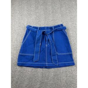 Wild Fable Cobalt Blue Denim Mini Skirt White Contrast Stitch Belted Women's 0